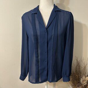 Vtg Nordstrom Town Square Women Navy Blue Sheer Pleated Button Up Blouse Sz 12